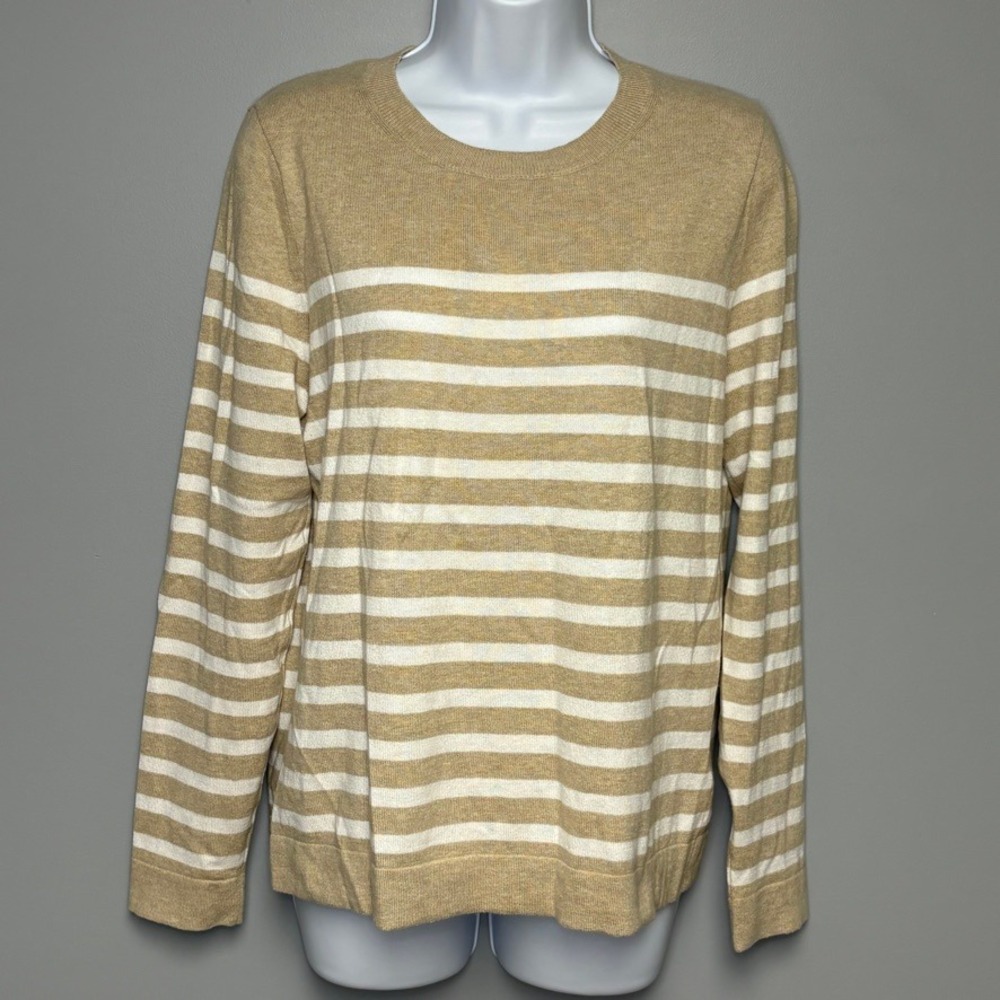 J. Crew Teddie Minimalist Tan White Striped Lightweight Preppy Sweater Womens M